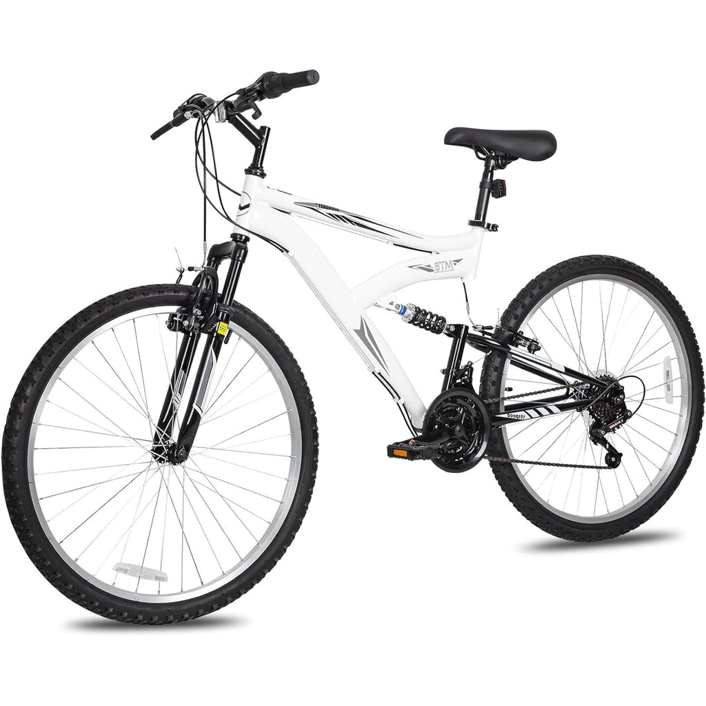 Hykolity 26 in Mountain Bike Sport Bicycle, 18 Speed Mtb Cycling for Adult Men Women Age 14+, Dual Full Suspension Outdoor Sport Bikes, White