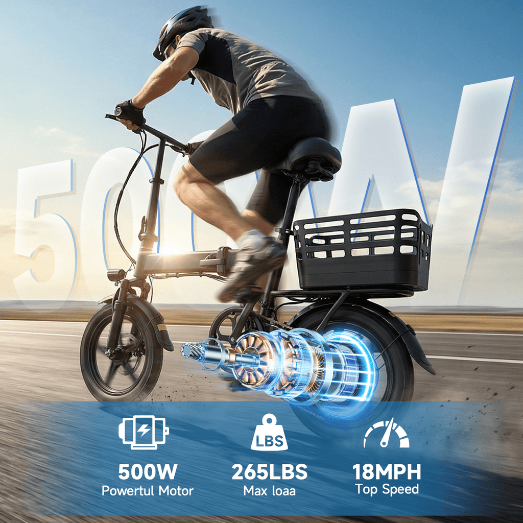 500W Motor 14IN Portable Folding Ebike  20mph  High Energy Storage Removable Battery,up to 30 mile Electric bicycle for Adults ,UL 2849